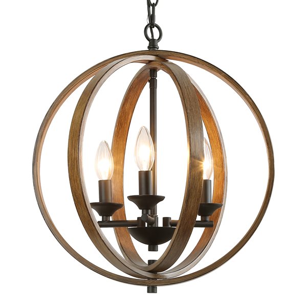 LNC Chet Iii 3-Light Matte Black and Brown Wood Accent Farmhouse Cage Chandelier