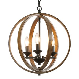 LNC Chet Iii 3-Light Matte Black and Brown Wood Accent Farmhouse Cage Chandelier