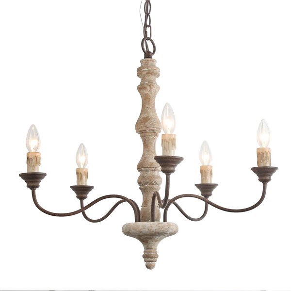 LNC Andromeda 5-Light Greyish White Wood and Rustic Bronze Farmhouse Chandelier