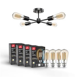 Globe Electric Vane 4-Light Matte Black Flush Mount, Smart Straight Filament LED Bulbs Included