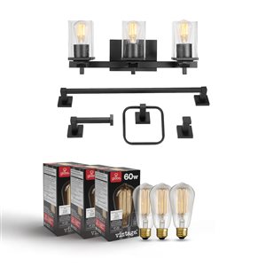 Globe Electric Dakota 5-Piece All-In-One Bathroom Set, Matte Black, 3-Light Vanity, with Bulbs