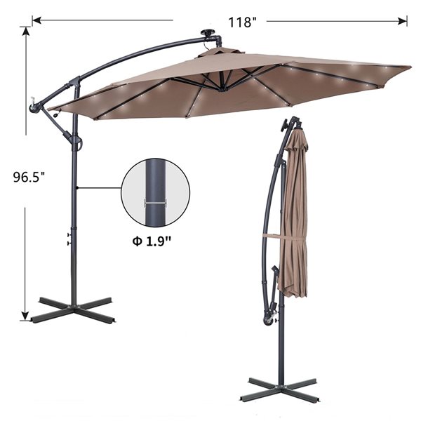 CASAINC 10-ft Taupe Offset Patio Umbrella Crank with Lights