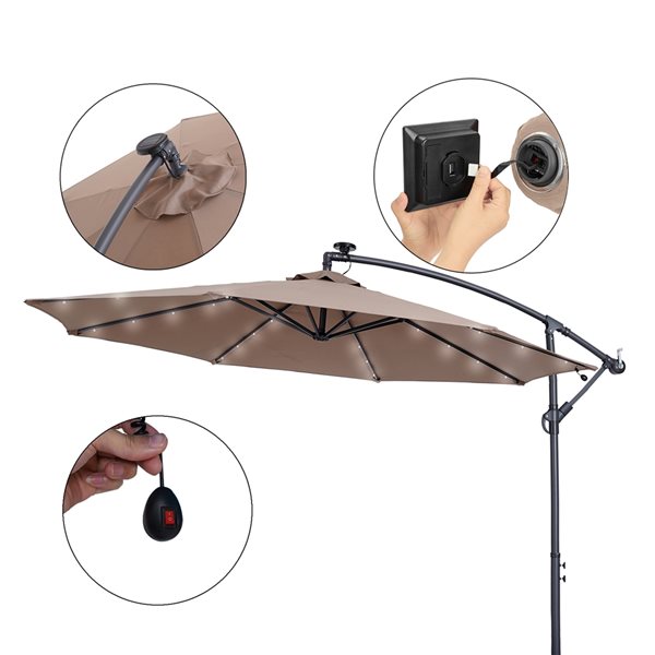 CASAINC 10-ft Taupe Offset Patio Umbrella Crank with Lights