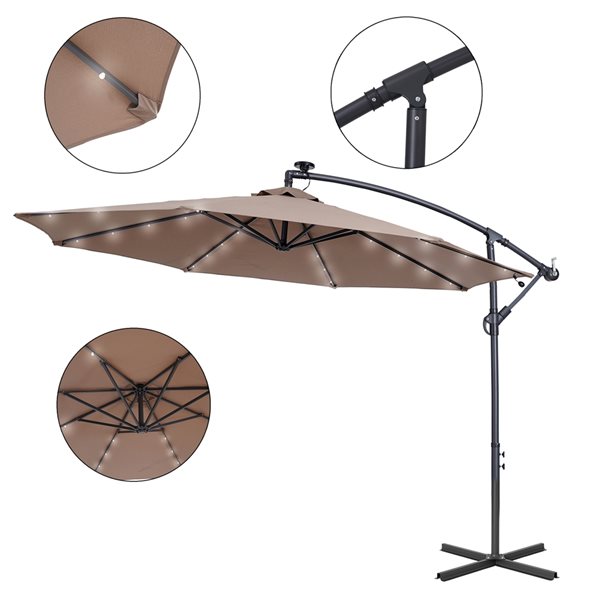 CASAINC 10-ft Taupe Offset Patio Umbrella Crank with Lights
