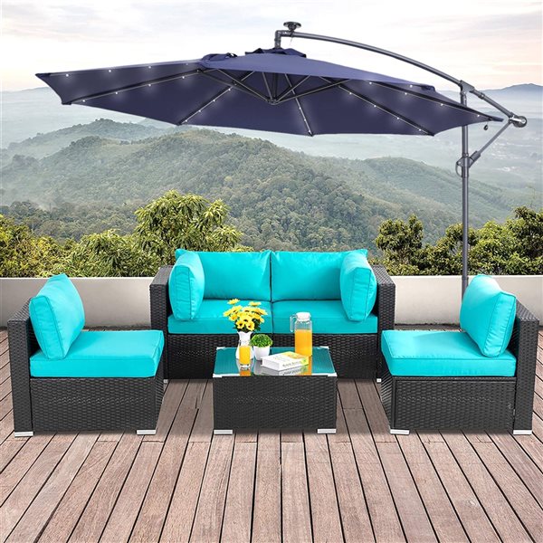 CASAINC 10-ft Navy Offset Patio Umbrella Crank with Lights