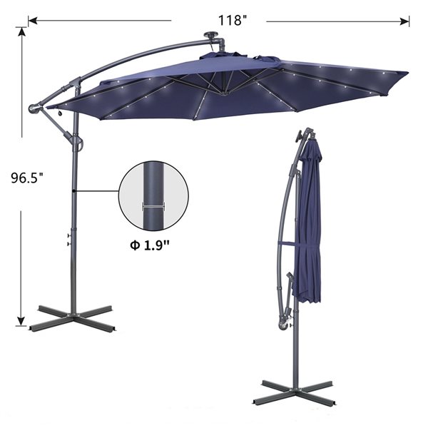 CASAINC 10-ft Navy Offset Patio Umbrella Crank with Lights