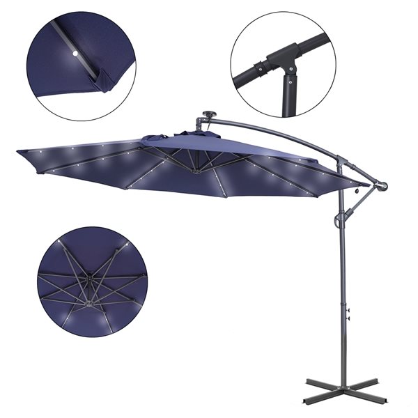 CASAINC 10-ft Navy Offset Patio Umbrella Crank with Lights