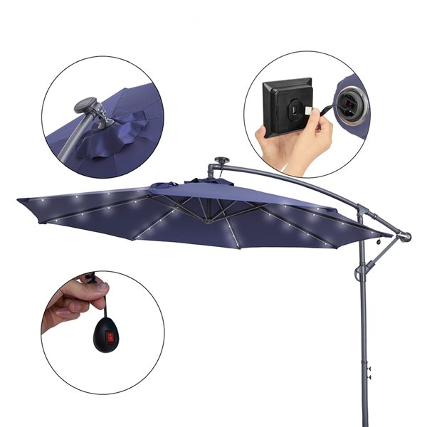 CASAINC 10-ft Navy Offset Patio Umbrella Crank with Lights