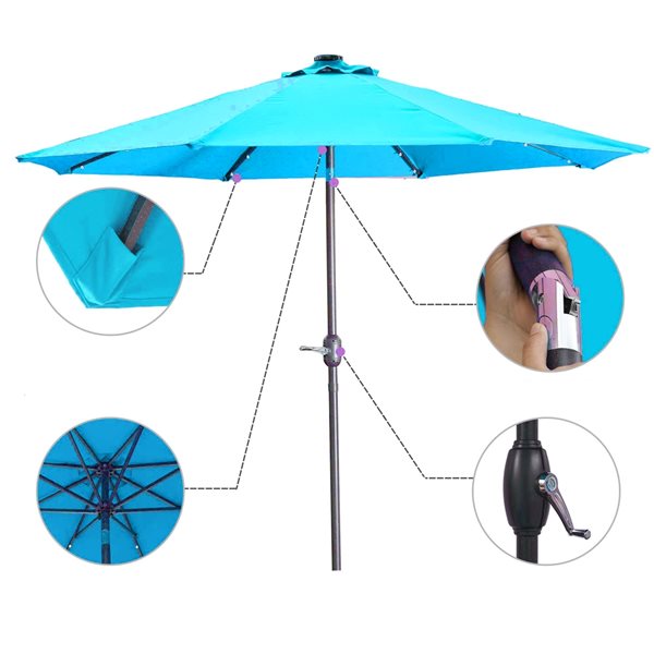 CASAINC 9-ft Turquoise Market Patio Umbrella Push-button with Solar Light