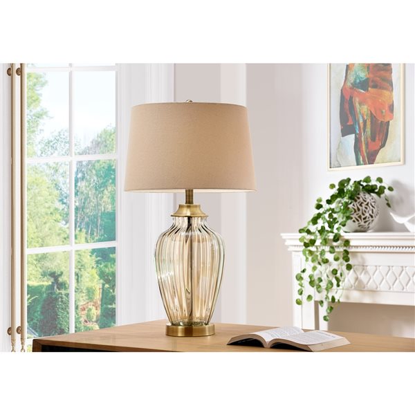 ORE International Golden Gaze 28.5-in Champagne Rotary Socket Table Lamp with Fabric Shade