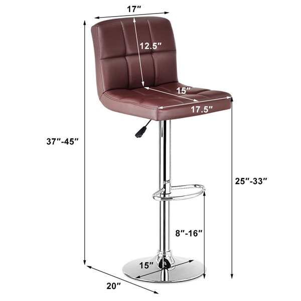 Costway Brown Adjustable Height Upholstered Swivel Bar Stools - Set of 2