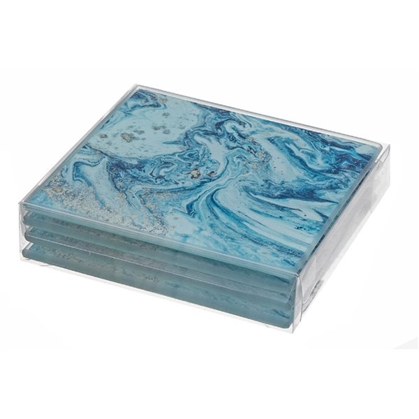 iH casadécor 4-Piece Teal Marble Square Glass Coasters