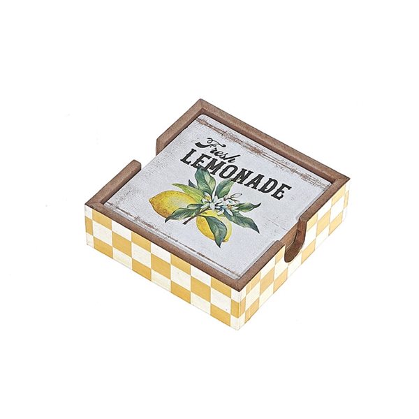 iH casadécor 4-Piece Lemon Wooden Coasters with Holder