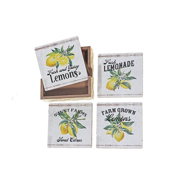 iH casadécor 4-Piece Lemon Wooden Coasters with Holder