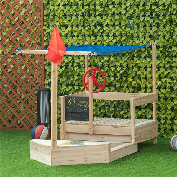 Outsunny Kids Foldable Wooden Sandbox with Canopy Seats