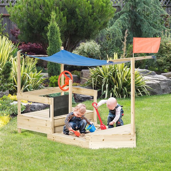 Outsunny Kids Foldable Wooden Sandbox with Canopy Seats