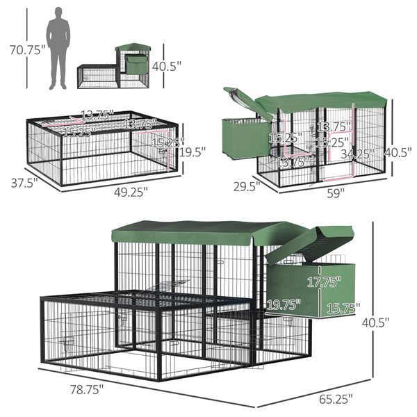 PawHut Outdoor Metal Chicken Coop with Run Nesting Box and Green Canopy