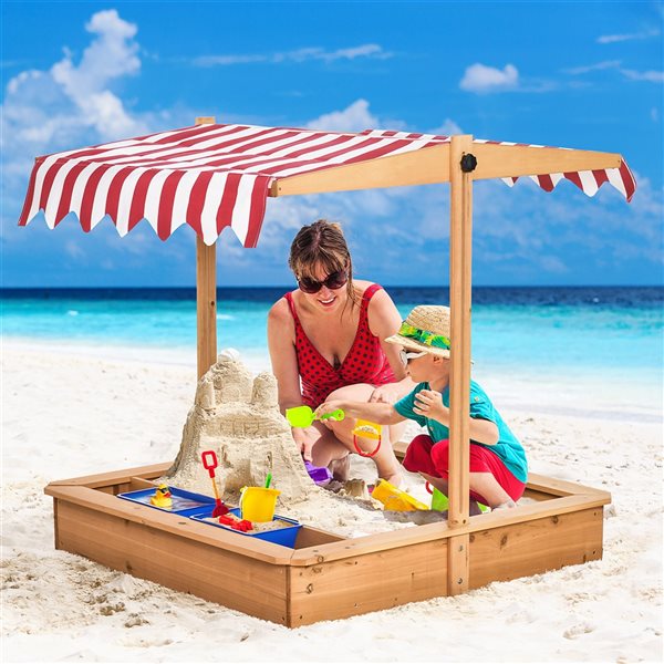 Outsunny Kids Wooden Sandbox with Adjustable Canopy Seats - 3 to 7 years old