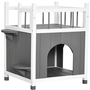 PawHut Grey 2-Story Cat House with Balcony and Jump Steps