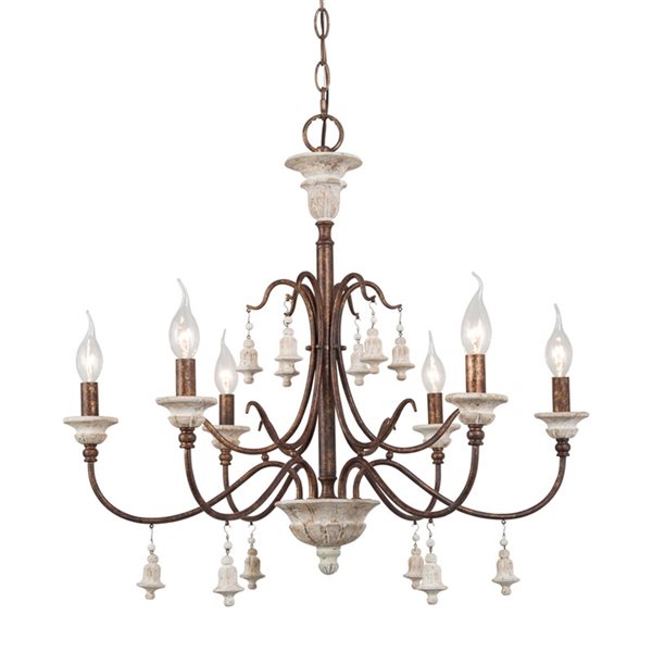 LNC Royal 6-Light Distressed Wood/Bronze Vintage Beaded Chandelier