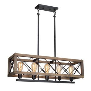 LNC Laius 5-Light Matte Black and Brown Wood Farmhouse Cage Chandelier