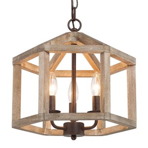 LNC Quaint 3-Light Distressed Wood Brown and Rustic Bronze Drum Farmhouse Cage Chandelier