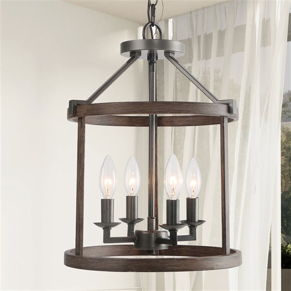 LNC Mocha 4-Light Distressed Wood Brown and Brushed Black Farmhouse Cage Chandelier