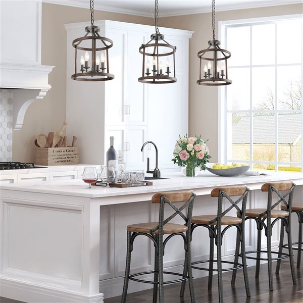 LNC Mocha 4-Light Distressed Wood Brown and Brushed Black Farmhouse Cage Chandelier