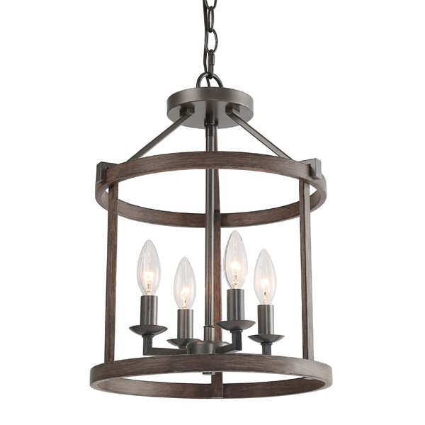 LNC Mocha 4-Light Distressed Wood Brown and Brushed Black Farmhouse Cage Chandelier