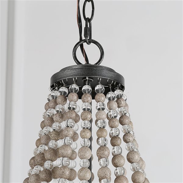 LNC Mocha 6-Light Distressed Grey Wood and Brushed Black Beaded Chandelier