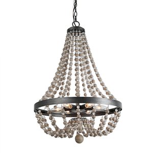 LNC Mocha 6-Light Distressed Grey Wood and Brushed Black Beaded Chandelier