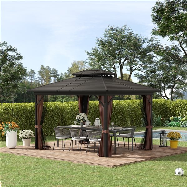 Outsunny 10-ft x 12-ft Brown Metal Rectangle Semi-Permanent Gazebo with ...