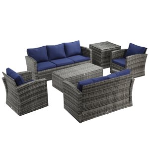 Outsunny Grey Resin Wicker Patio Conversation Set with Navy Blue Cushions - 6-Piece
