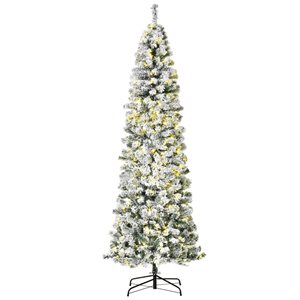 HomCom 7.5-ft Pre-Lit Leg Base Slim Rightside-Up Flocked Green Artificial Christmas Tree with 350 Warm White LED Lights