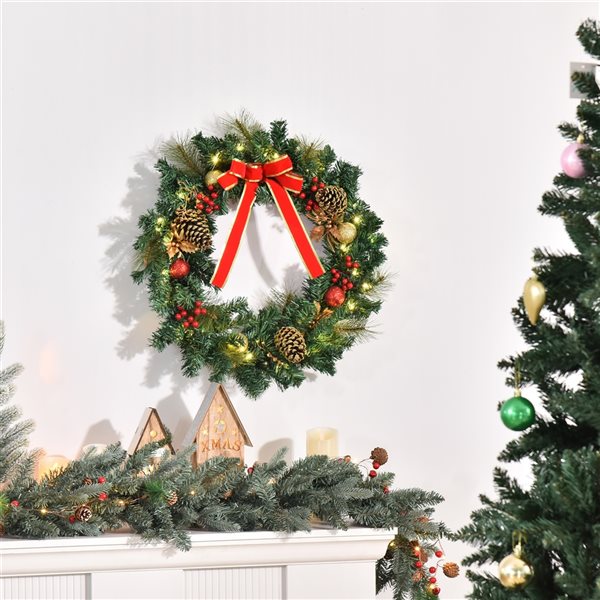 HomCom 24-in Pre-Lit Battery-Operated Green Spruce Artificial Christmas Wreath with 20 Warm White LED Lights