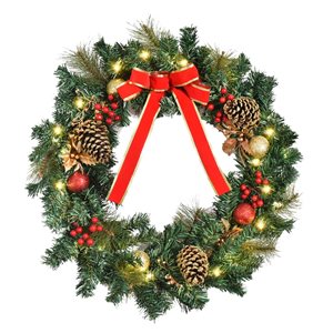 HomCom 24-in Pre-Lit Battery-Operated Green Spruce Artificial Christmas Wreath with 20 Warm White LED Lights