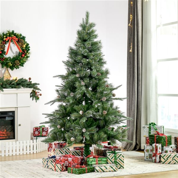 HomCom 6-ft Pine Tree Leg Base Full Rightside-Up Green Artificial Christmas Tree with Pinecones