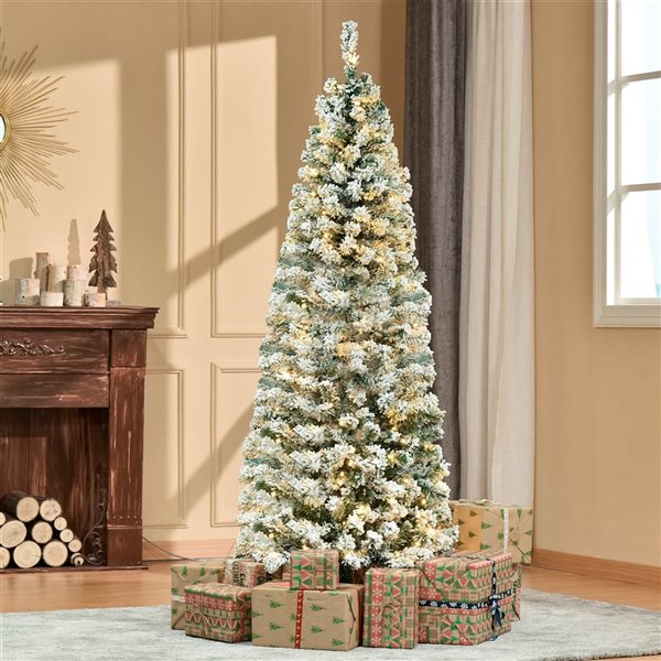 HomCom 6-ft Pre-Lit Leg Base Slim Rightside-Up Flocked Green Artificial Christmas Tree with 250 Sparkling White Warm LED Lights