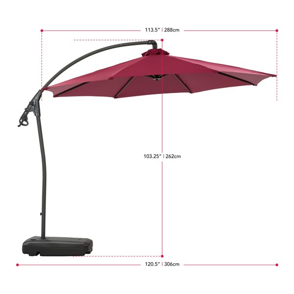 CorLiving 9.5 Ft Cantilever Patio Umbrella in Wine Red with Base