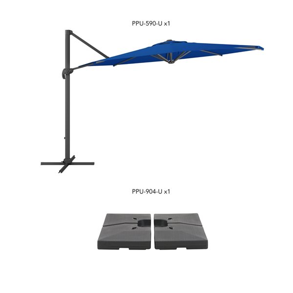 CorLiving Parasol et base de patio de luxe inclinables et rotatifs bleu cobalt résistant aux UV de 11,5 pieds