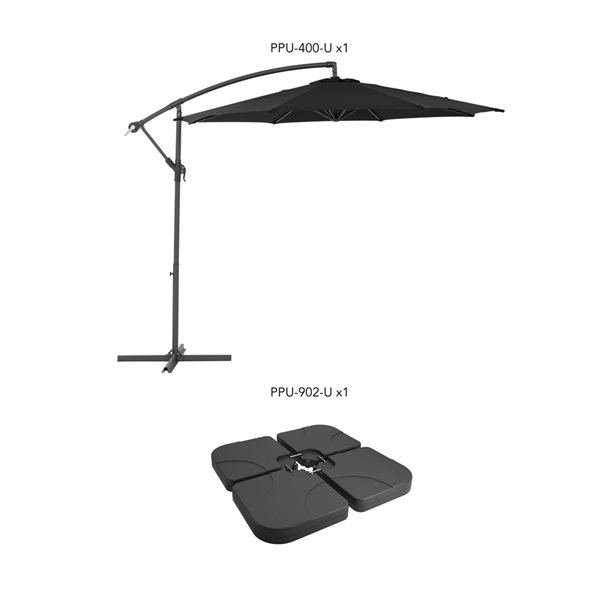 Parasol de terrasse noir décalé résistant aux UV de 9,5 pi et poids de base