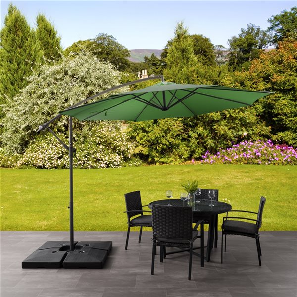 CorLiving 9.5ft UV Resistant Offset Forest Green Patio Umbrella and Base Weights