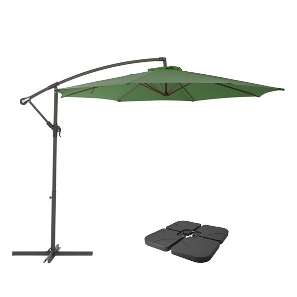 CorLiving 9.5ft UV Resistant Offset Forest Green Patio Umbrella and Base Weights