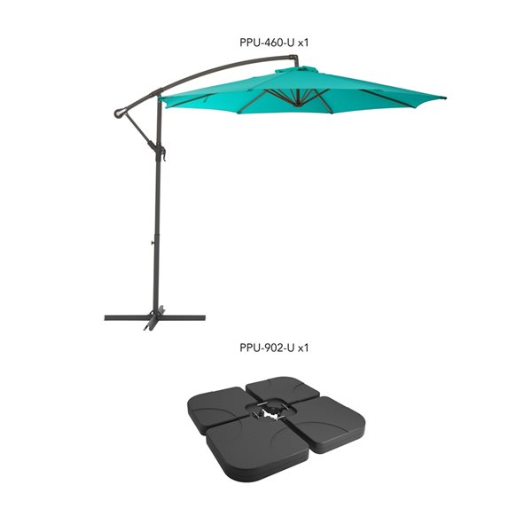 Parasol de terrasse turquoise décalé résistant aux UV de 9,5 pi et poids de base