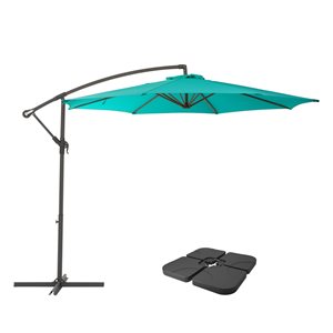 CorLiving 9.5ft UV Resistant Offset Turquoise Patio Umbrella and Base Weights