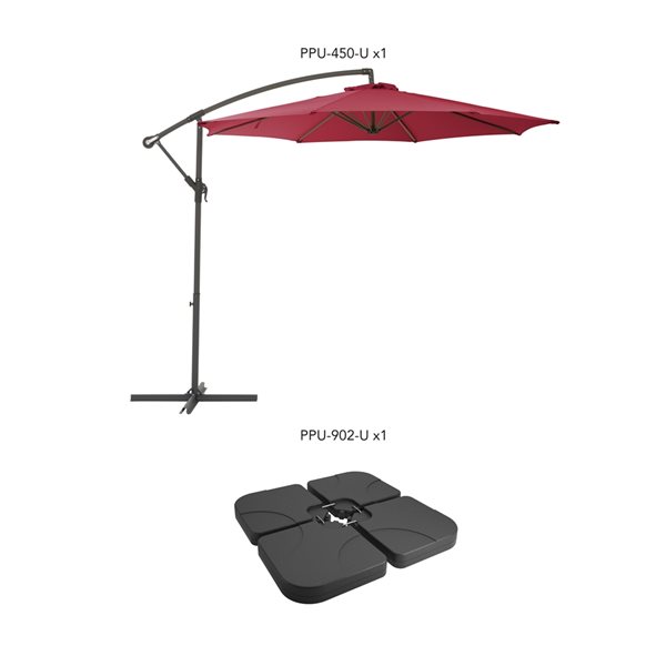 Parasol de terrasse rouge décalé résistant aux UV de 9,5 pieds et poids de base