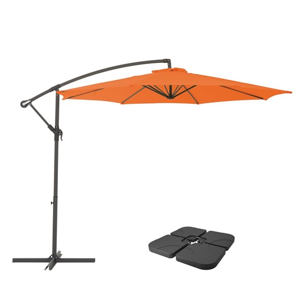 Parasol de terrasse orange décalé résistant aux UV de 9,5 pi et poids de base