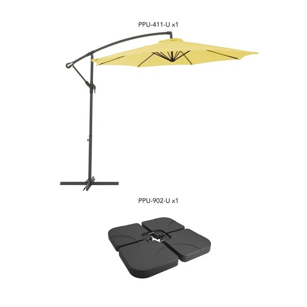 Parasol de terrasse jaune décalé résistant aux UV de 9,5 pieds et poids de base