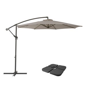 CorLiving 9.5ft UV Resistant Offset Sandy Grey Patio Umbrella and Base Weights