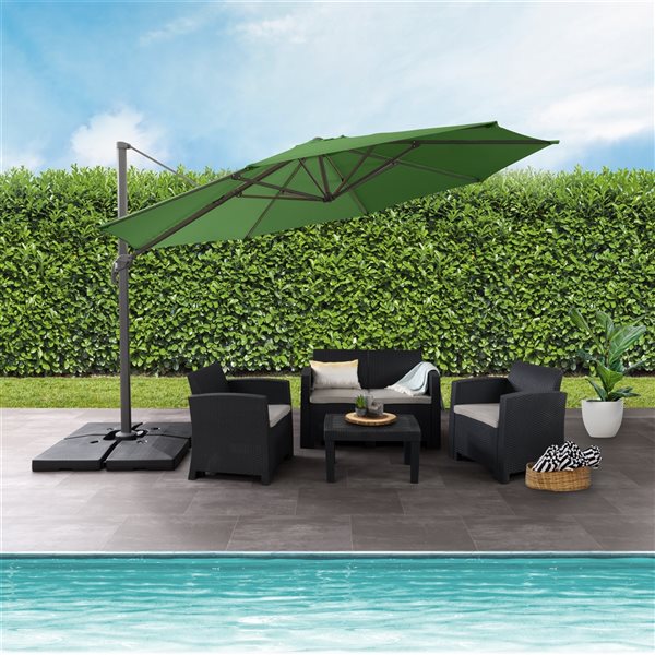 CorLiving Parasol et base de terrasse de luxe inclinables et rotatifs vert forêt de 11,5 pi résistant aux UV